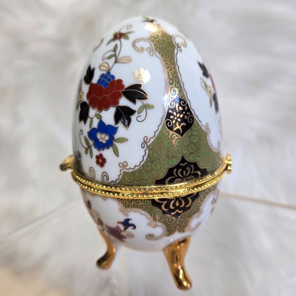 Other - Porcelain Egg Shaped Trinket Box Floral Design Green Scroll 4"T